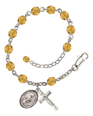 Silver-Plated 6mm Fire-Polished Saint Simon the Apostle Rosary Bracelet in Topaz Engraved Catholic Saint Jewelry