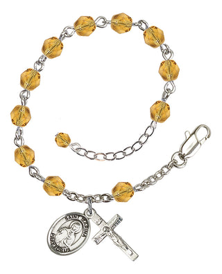 Silver-Plated 6mm Fire-Polished Saint Marina Rosary Bracelet in Topaz Engraved Catholic Saint Jewelry