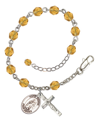 Silver-Plated 6mm Fire-Polished Saint Drogo Rosary Bracelet in Topaz Engraved Catholic Saint Jewelry
