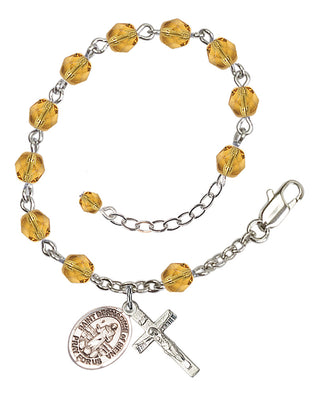 Silver-Plated 6mm Fire-Polished Saint Bernadine of Sienna Rosary Bracelet in Topaz Engraved Catholic Saint Jewelry
