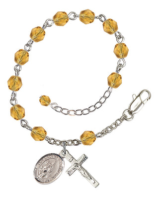 Silver-Plated 6mm Fire-Polished Our Lady of Assumption Rosary Bracelet in Topaz Engraved Catholic Saint Jewelry