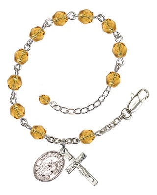 Silver-Plated 6mm Fire-Polished Saint Jacob of Nisibis Rosary Bracelet in Topaz Engraved Catholic Saint Jewelry