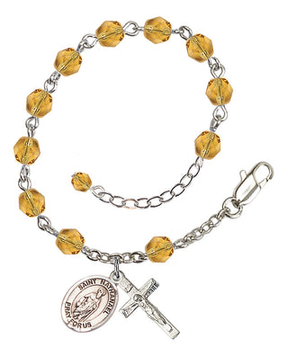 Silver-Plated 6mm Fire-Polished Saint Nathanael Rosary Bracelet in Topaz Engraved Catholic Saint Jewelry
