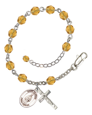 Silver-Plated 6mm Fire-Polished Saint Eligius Rosary Bracelet in Topaz Engraved Catholic Saint Jewelry