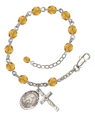 Silver-Plated 6mm Fire-Polished Our Lady of Rosa Mystica Rosary Bracelet in Topaz Engraved Catholic Saint Jewelry