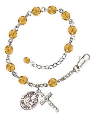 Silver-Plated 6mm Fire-Polished Saint Claude de la Colombiere Rosary Bracelet in Topaz Engraved Catholic Saint Jewelry