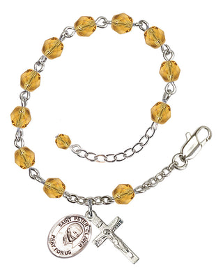 Silver-Plated 6mm Fire-Polished Saint Peter Claver Rosary Bracelet in Topaz Engraved Catholic Saint Jewelry