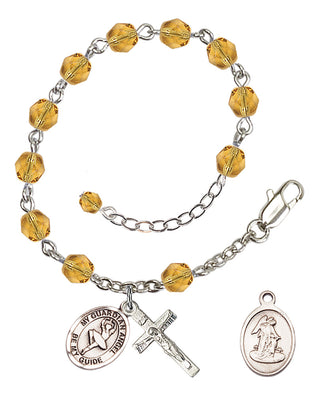 Silver-Plated 6mm Fire-Polished Guardian Angel/Dance Rosary Bracelet in Topaz Engraved Catholic Saint Jewelry