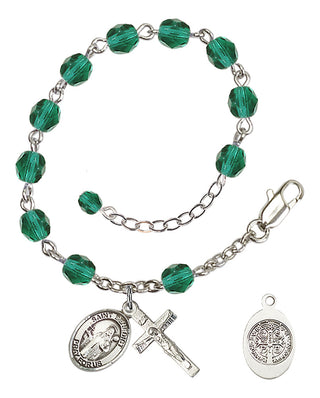 Silver-Plated 6mm Fire-Polished Saint Benedict Rosary Bracelet in Zircon Engraved Catholic Saint Jewelry