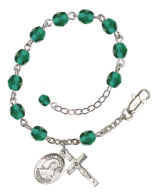 Silver-Plated 6mm Fire-Polished Saint Benjamin Rosary Bracelet in Zircon Engraved Catholic Saint Jewelry