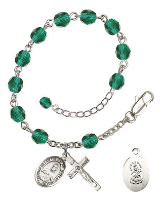 Silver-Plated 6mm Fire-Polished Scapular Rosary Bracelet in Zircon Engraved Catholic Saint Jewelry