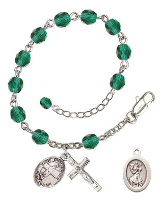 Adjustable Silver Plated 6mm Fire Polished Saint Christopher/Volleyball Rosary Bracelet in Zircon
