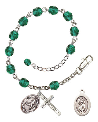 Silver-Plated 6mm Fire-Polished Saint Christopher/Track & Field Rosary Bracelet in Zircon Engraved Catholic Saint Jewelry