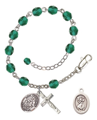 Adjustable Silver Plated 6mm Fire Polished Saint Christopher/Wrestling Rosary Bracelet in Zircon