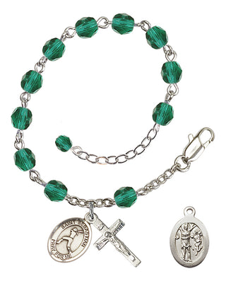 Silver-Plated 6mm Fire-Polished Saint Sebastian/Softball Rosary Bracelet in Zircon Engraved Catholic Saint Jewelry