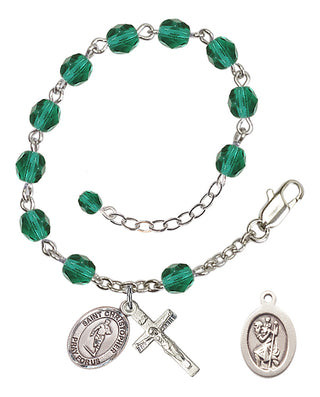 Adjustable Silver Plated 6mm Fire Polished Saint Christopher / Rugby Rosary Bracelet in Zircon