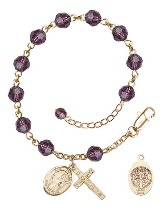 14kt Gold-Filled 6mm Austrian Crystal Saint Benedict Rosary Bracelet in Amethyst Engraved Catholic Saint Jewelry