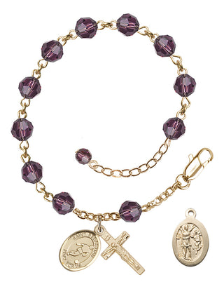 Adjustable 14 Karat Gold-Filled 6mm Austrian Crystal Saint Sebastian/Soccer Rosary Bracelet in Amethyst
