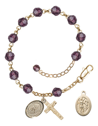 Adjustable 14 Karat Gold-Filled 6mm Austrian Crystal Saint Sebastian/Ice Hockey Rosary Bracelet in Amethyst
