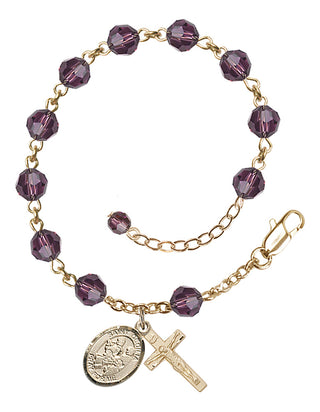 14kt Gold-Filled 6mm Austrian Crystal Saint Cecilia / Marching Band Rosary Bracelet in Amethyst Engraved Catholic Saint Jewelry