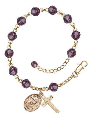 14kt Gold-Filled 6mm Austrian Crystal Saint Damien of Molokai Rosary Bracelet in Amethyst Engraved Catholic Saint Jewelry