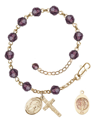 14kt Gold 6mm Austrian Crystal Saint Benedict Rosary Bracelet in Amethyst Engraved Catholic Saint Jewelry