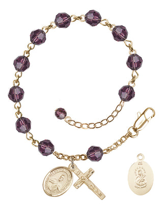 14kt Gold 6mm Austrian Crystal Scapular Rosary Bracelet in Amethyst Engraved Catholic Saint Jewelry