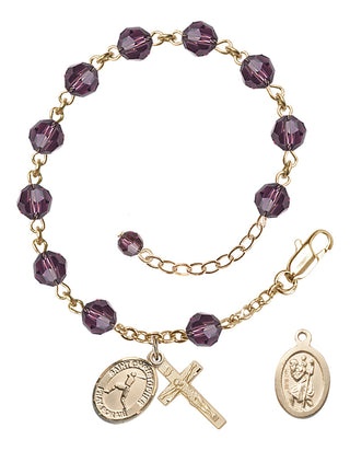 Adjustable 14 Karat Gold 6mm Austrian Crystal Saint Christopher/Baseball Rosary Bracelet in Amethyst