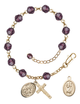 Adjustable 14 Karat Gold 6mm Austrian Crystal Saint Christopher/Wrestling Rosary Bracelet in Amethyst