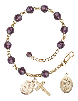 Adjustable 14 Karat Gold 6mm Austrian Crystal Saint Sebastian/Track & Field Rosary Bracelet in Amethyst