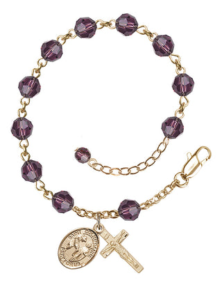 14kt Gold 6mm Austrian Crystal Saint Columbanus Rosary Bracelet in Amethyst Engraved Catholic Saint Jewelry