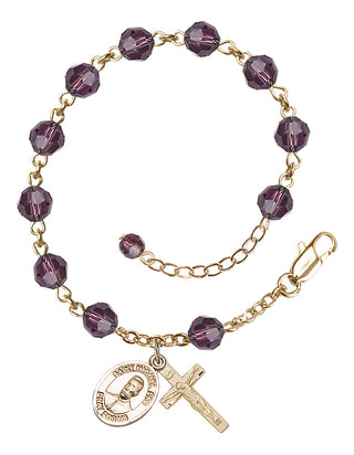 14kt Gold 6mm Austrian Crystal Bl. Miguel Pro Rosary Bracelet in Amethyst Engraved Catholic Saint Jewelry
