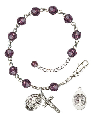 Sterling Silver 6mm Austrian Crystal Saint Benedict Rosary Bracelet in Amethyst Engraved Catholic Saint Jewelry