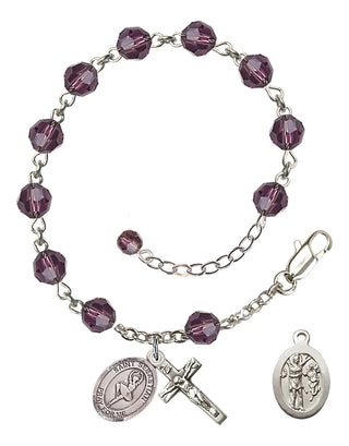Sterling Silver 6mm Austrian Crystal Saint Sebastian/Dance Rosary Bracelet in Amethyst Engraved Catholic Saint Jewelry