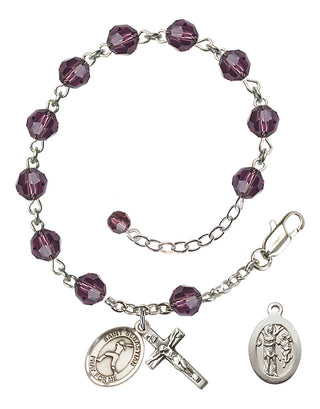 Sterling Silver 6mm Austrian Crystal Saint Sebastian/Softball Rosary Bracelet in Amethyst Engraved Catholic Saint Jewelry