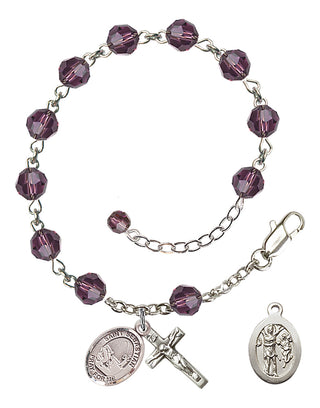 Adjustable Sterling Silver 6mm Austrian Crystal Saint Sebastian / Fishing Rosary Bracelet in Amethyst