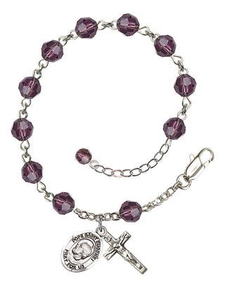 Sterling Silver 6mm Austrian Crystal Pope Saint Eugene I Rosary Bracelet in Amethyst Engraved Catholic Saint Jewelry