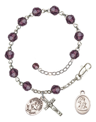 Sterling Silver 6mm Austrian Crystal Guardian Angel/Dance Rosary Bracelet in Amethyst Engraved Catholic Saint Jewelry