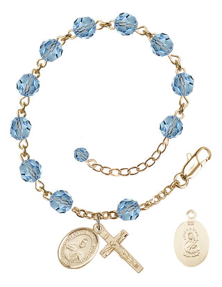 14kt Gold-Filled 6mm Austrian Crystal Scapular Rosary Bracelet in Aqua Engraved Catholic Saint Jewelry