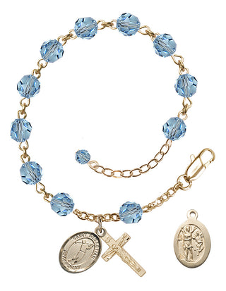 Adjustable 14 Karat Gold-Filled 6mm Austrian Crystal Saint Sebastian/Golf Rosary Bracelet in Aqua