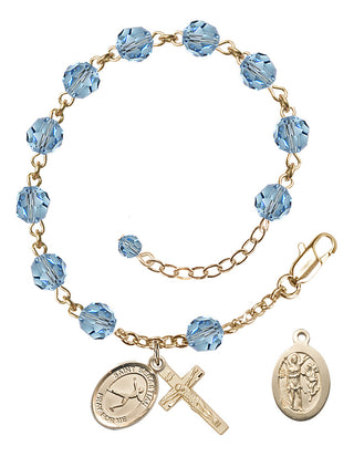 Adjustable 14 Karat Gold-Filled 6mm Austrian Crystal Saint Sebastian/Figure Skating Rosary Bracelet in Aqua
