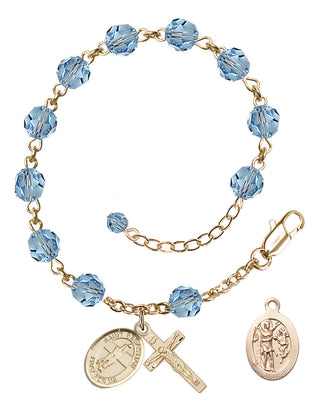 Adjustable 14 Karat Gold-Filled 6mm Austrian Crystal Saint Sebastian / Volleyball Rosary Bracelet in Aqua