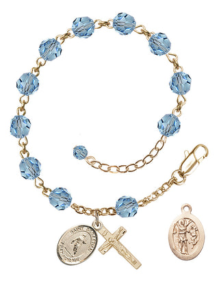 Adjustable 14 Karat Gold-Filled 6mm Austrian Crystal Saint Sebastian / Rugby Rosary Bracelet in Aqua