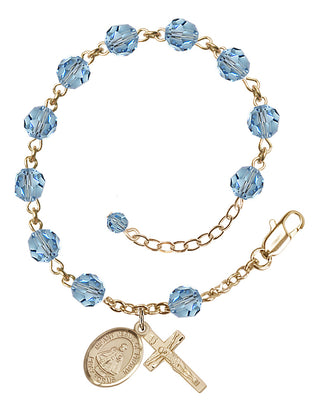 14kt Gold-Filled 6mm Austrian Crystal Infant of Prague Rosary Bracelet in Aqua Engraved Catholic Saint Jewelry