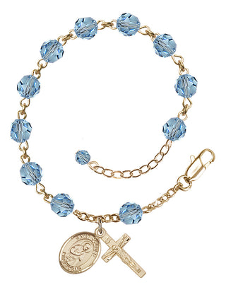 14kt Gold-Filled 6mm Austrian Crystal Saint Isaac Jogues Rosary Bracelet in Aqua Engraved Catholic Saint Jewelry
