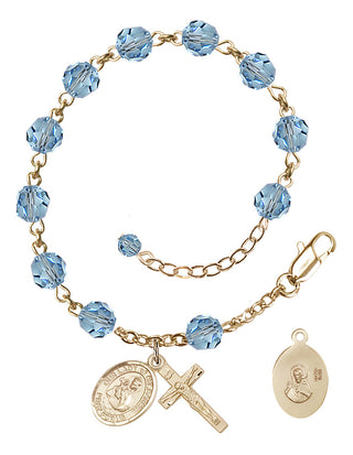 Adjustable 14 Karat Gold-Filled 6mm Austrian Crystal Our Lady of Mount Carmel Rosary Bracelet in Aqua