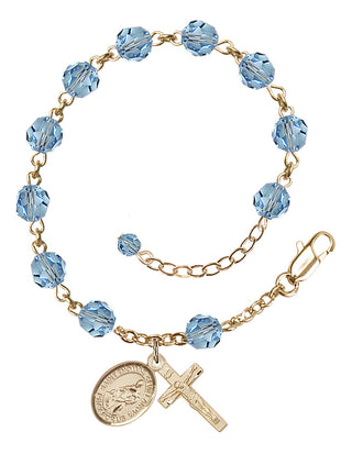 14kt Gold-Filled 6mm Austrian Crystal Saint Thomas of Villanova Rosary Bracelet in Aqua Engraved Catholic Saint Jewelry