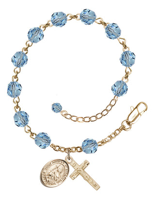 14kt Gold-Filled 6mm Austrian Crystal Saint Adrian of Nicomedia Rosary Bracelet in Aqua Engraved Catholic Saint Jewelry