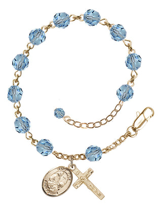 14kt Gold-Filled 6mm Austrian Crystal Saint Fina Rosary Bracelet in Aqua Engraved Catholic Saint Jewelry