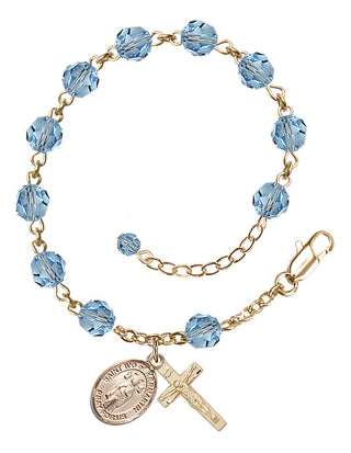 14kt Gold-Filled 6mm Austrian Crystal Saint Ivo of Kelmartin Rosary Bracelet in Aqua Engraved Catholic Saint Jewelry